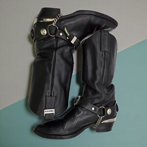 El Charro Ladies 7.5 Black Leather Western Biker Boots Chain Skull & Crossbones